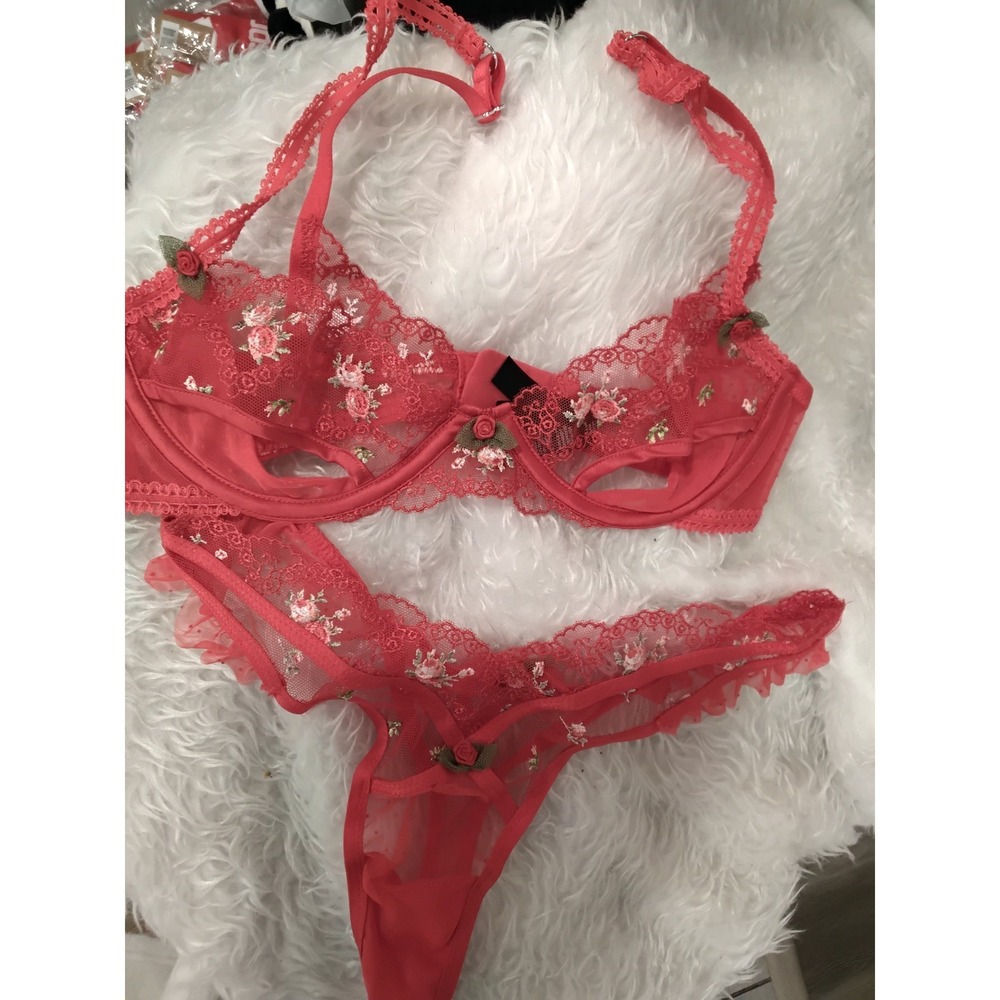 For Love & Lemons Floral Lace Bra and Thong Lingerie Set Coral Pink XS